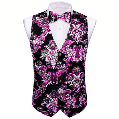 Black Pink Floral Silk Men's Bowtie Vest Set vest set    - Sophisticated Gentlemen