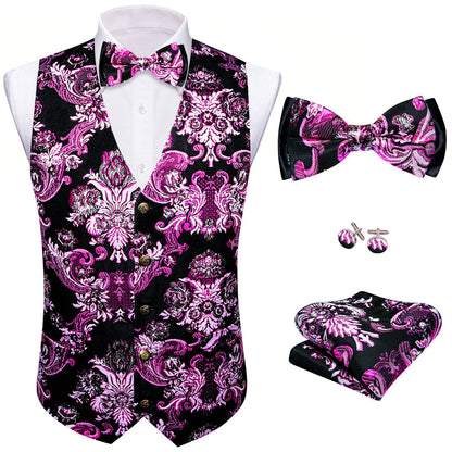 Black Pink Floral Silk Men's Bowtie Vest Set vest set    - Sophisticated Gentlemen