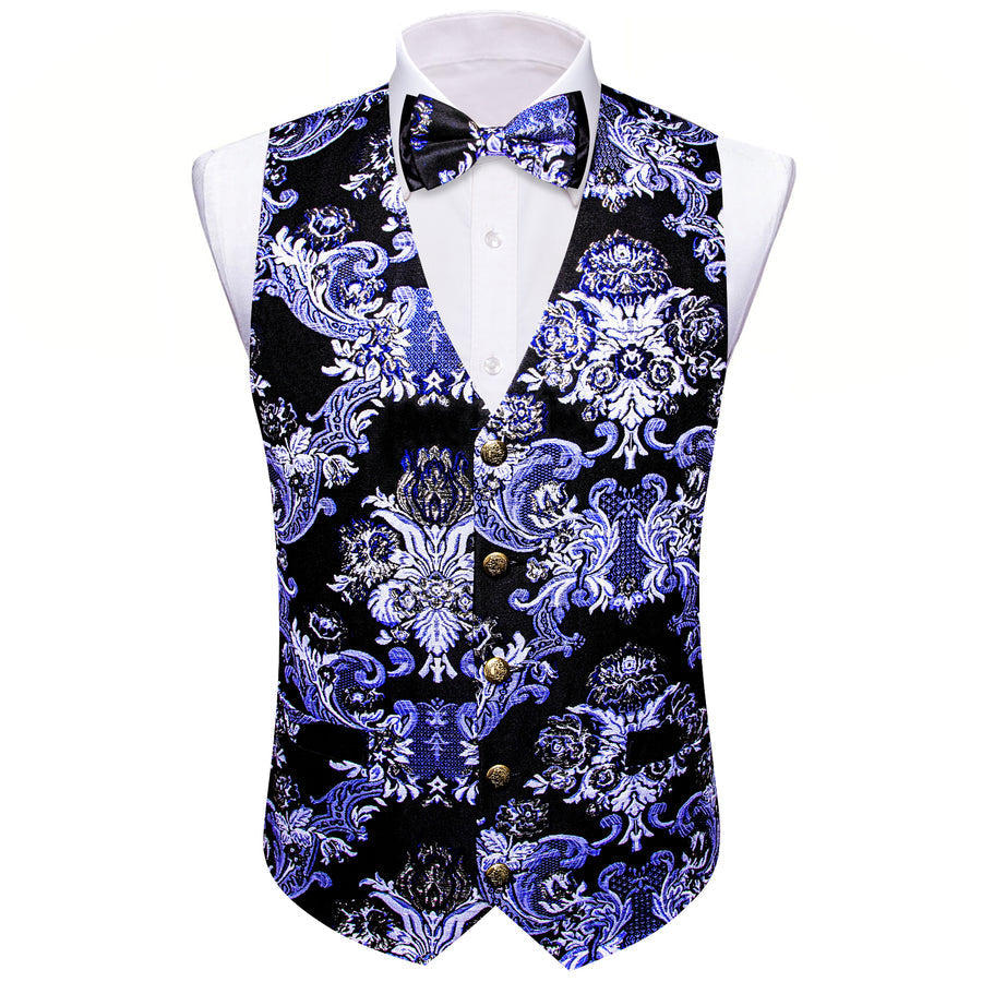 Black Blue Floral Silk Men's Bowtie Vest Set vest set    - Sophisticated Gentlemen