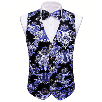 Black Blue Floral Silk Men's Bowtie Vest Set vest set    - Sophisticated Gentlemen