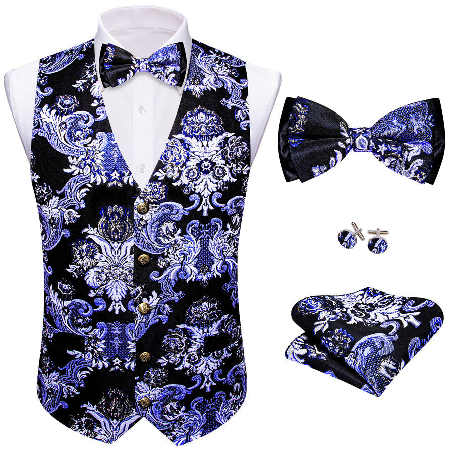 Black Blue Floral Silk Men's Bowtie Vest Set vest set    - Sophisticated Gentlemen
