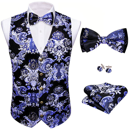 Black Blue Floral Silk Men's Bowtie Vest Set vest set    - Sophisticated Gentlemen