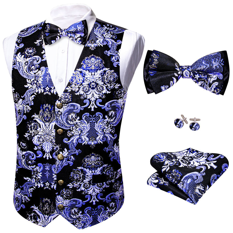 Black Blue Floral Silk Men's Bowtie Vest Set vest set    - Sophisticated Gentlemen