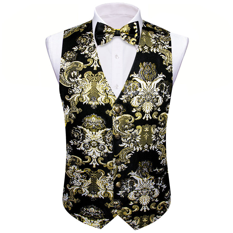 Black Beige Floral Silk Men's Bowtie Vest Set vest set    - Sophisticated Gentlemen