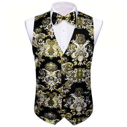 Black Beige Floral Silk Men's Bowtie Vest Set vest set    - Sophisticated Gentlemen