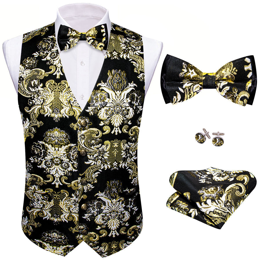 Black Beige Floral Silk Men's Bowtie Vest Set vest set    - Sophisticated Gentlemen