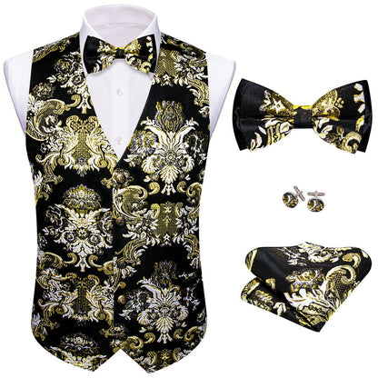 Black Beige Floral Silk Men's Bowtie Vest Set vest set    - Sophisticated Gentlemen
