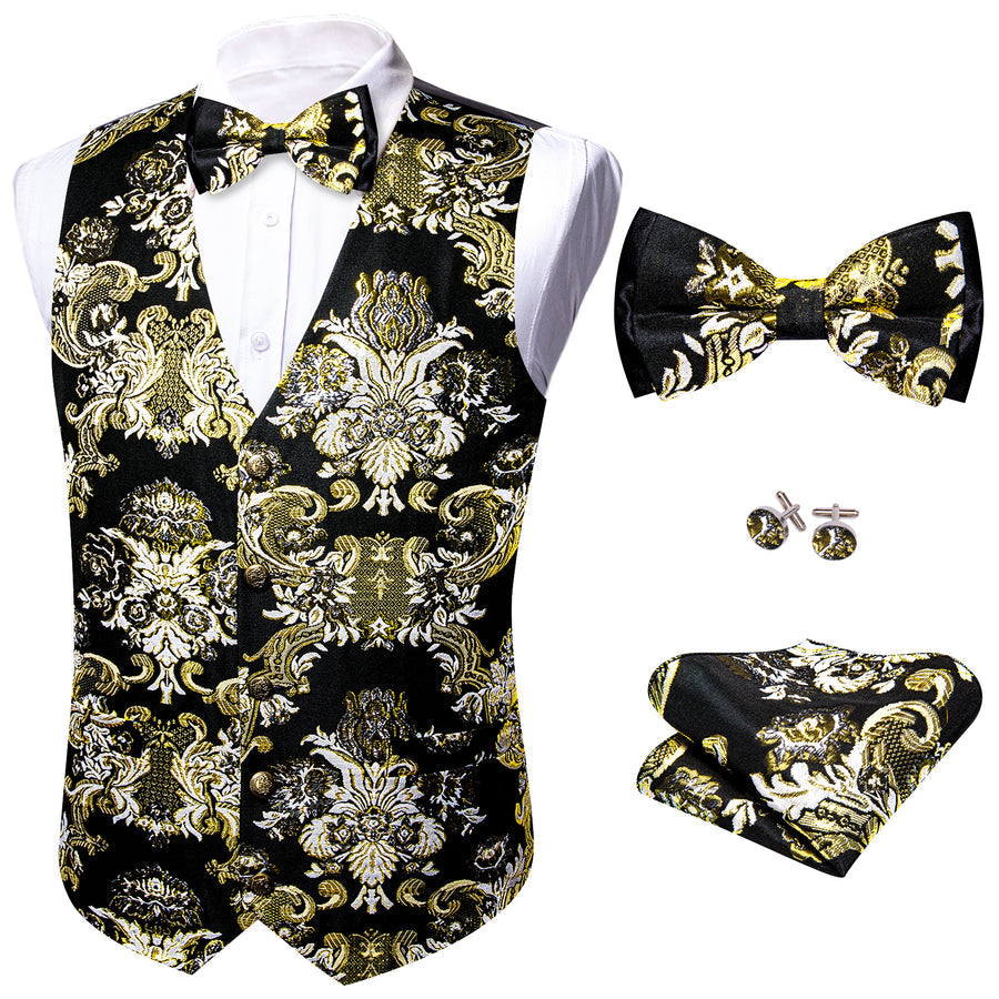 Black Beige Floral Silk Men's Bowtie Vest Set vest set    - Sophisticated Gentlemen