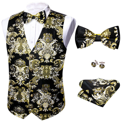 Black Beige Floral Silk Men's Bowtie Vest Set vest set    - Sophisticated Gentlemen