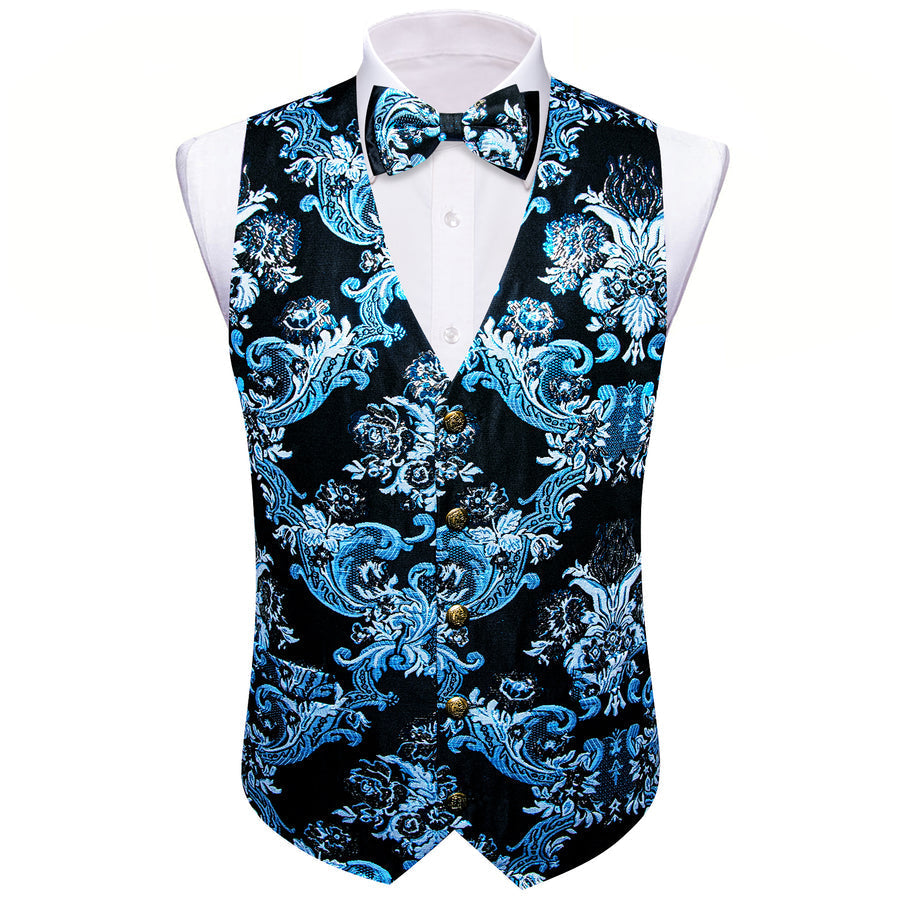 Black Sky Blue Floral Silk Men's Bowtie Vest Set vest set    - Sophisticated Gentlemen