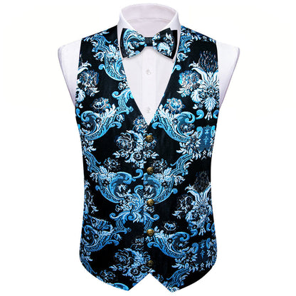 Black Sky Blue Floral Silk Men's Bowtie Vest Set vest set    - Sophisticated Gentlemen