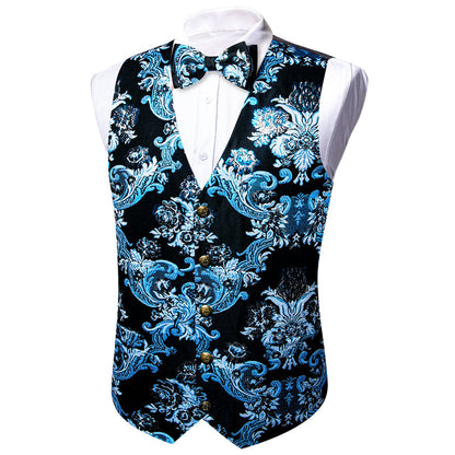 Black Sky Blue Floral Silk Men's Bowtie Vest Set vest set S (Chest 40")   - Sophisticated Gentlemen