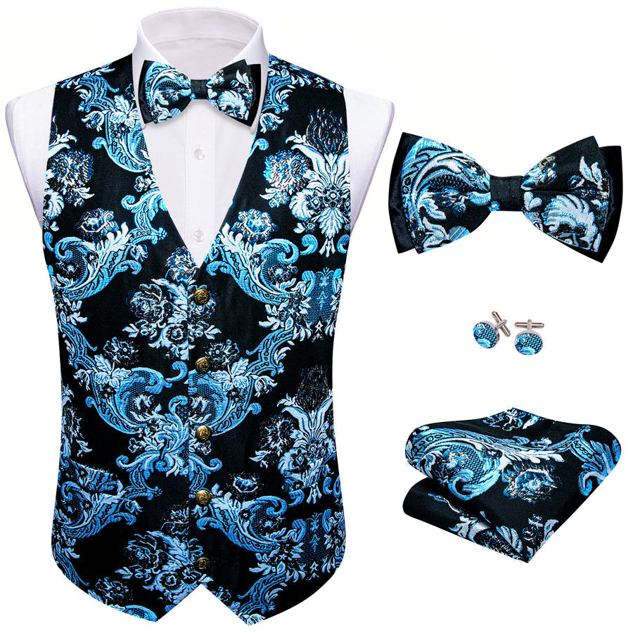 Black Sky Blue Floral Silk Men's Bowtie Vest Set vest set    - Sophisticated Gentlemen