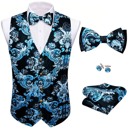 Black Sky Blue Floral Silk Men's Bowtie Vest Set vest set    - Sophisticated Gentlemen