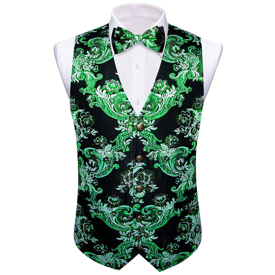 Black Green Floral Silk Men's Bowtie Vest Set vest set    - Sophisticated Gentlemen