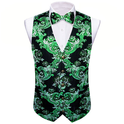 Black Green Floral Silk Men's Bowtie Vest Set vest set    - Sophisticated Gentlemen