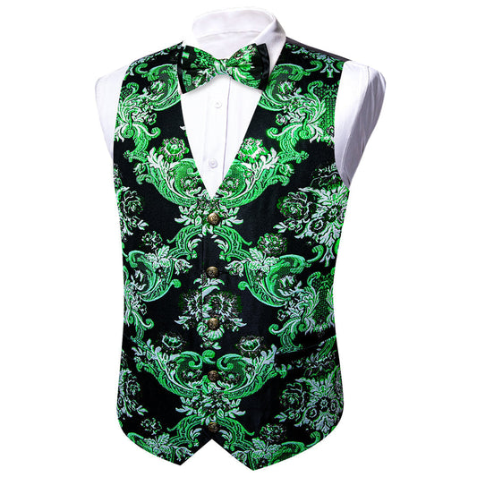 Black Green Floral Silk Men's Bowtie Vest Set vest set S (Chest 40")   - Sophisticated Gentlemen