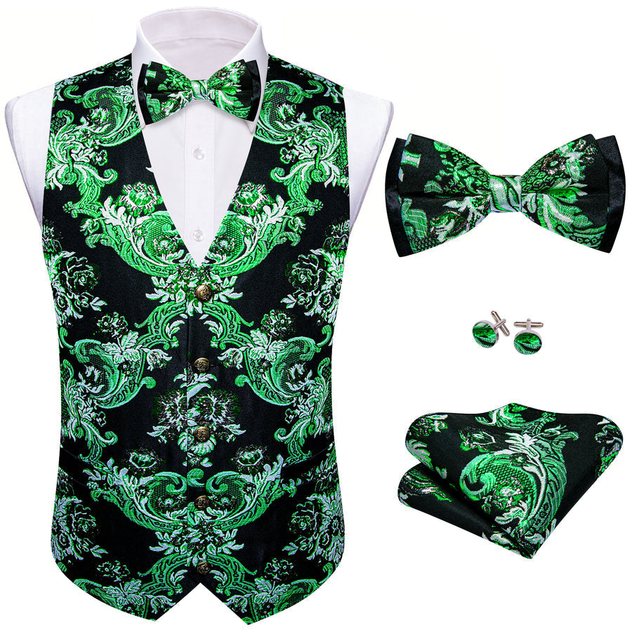 Black Green Floral Silk Men's Bowtie Vest Set vest set    - Sophisticated Gentlemen