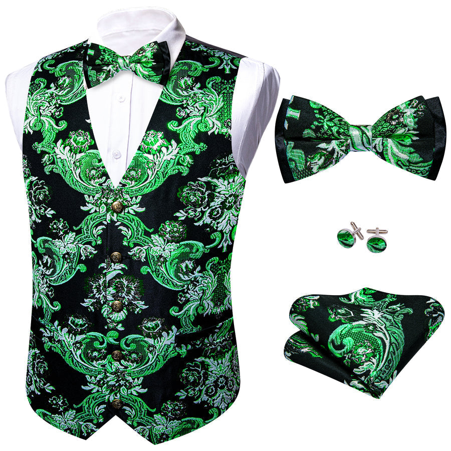 Black Green Floral Silk Men's Bowtie Vest Set vest set    - Sophisticated Gentlemen