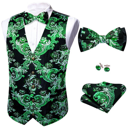 Black Green Floral Silk Men's Bowtie Vest Set vest set    - Sophisticated Gentlemen