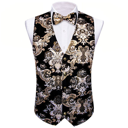 Black Khaki Floral Silk Men's Bowtie Vest Set vest set    - Sophisticated Gentlemen