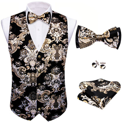Black Khaki Floral Silk Men's Bowtie Vest Set vest set    - Sophisticated Gentlemen