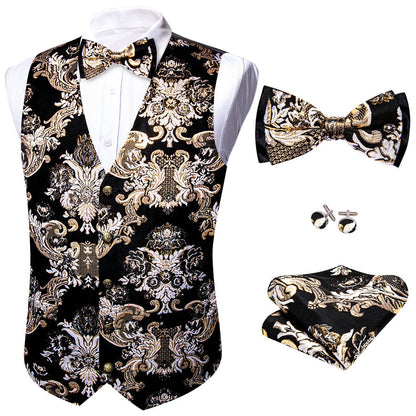 Black Khaki Floral Silk Men's Bowtie Vest Set vest set    - Sophisticated Gentlemen