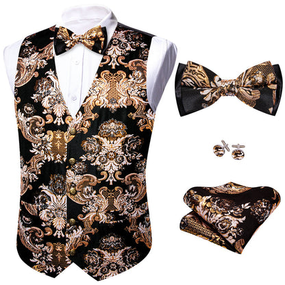 Black Light Brown Floral Silk Men's Bowtie Vest Set vest set    - Sophisticated Gentlemen