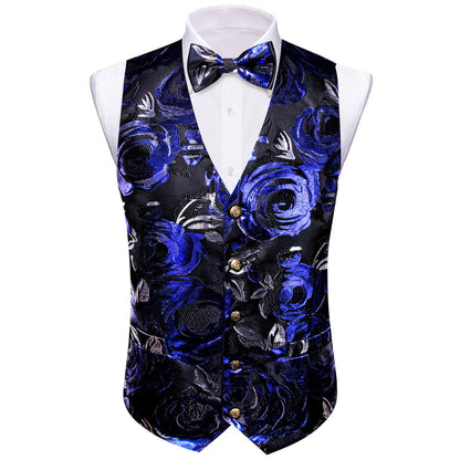 Black Dark Blue Novelty Silk Vest Set vest set    - Sophisticated Gentlemen