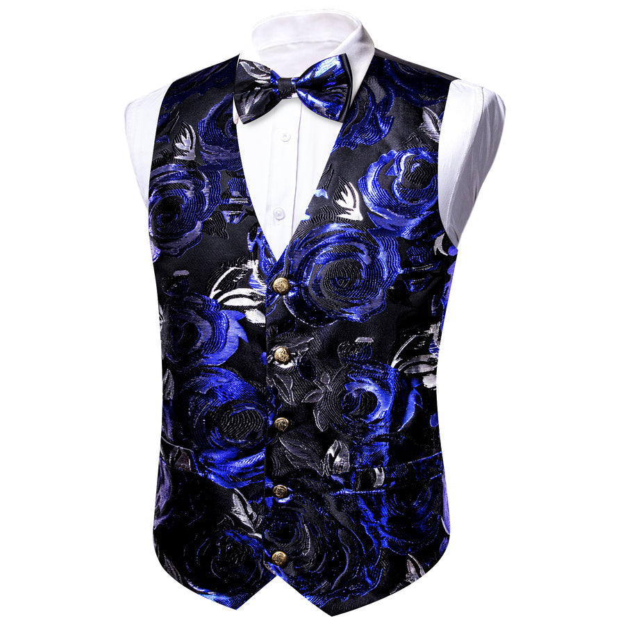 Black Dark Blue Novelty Silk Vest Set vest set S (Chest 40")   - Sophisticated Gentlemen