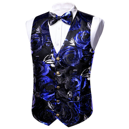Black Dark Blue Novelty Silk Vest Set vest set S (Chest 40")   - Sophisticated Gentlemen