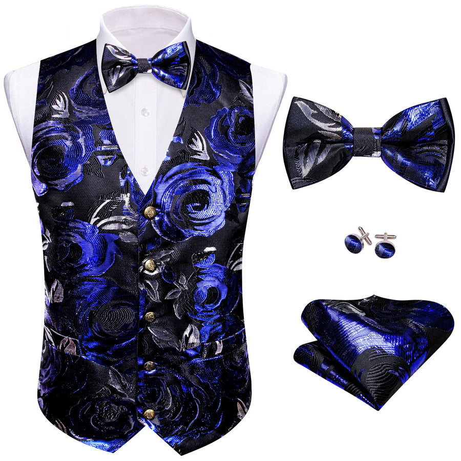 Black Dark Blue Novelty Silk Vest Set vest set    - Sophisticated Gentlemen