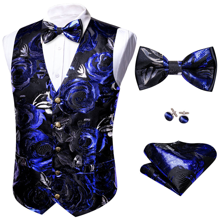 Black Dark Blue Novelty Silk Vest Set vest set    - Sophisticated Gentlemen