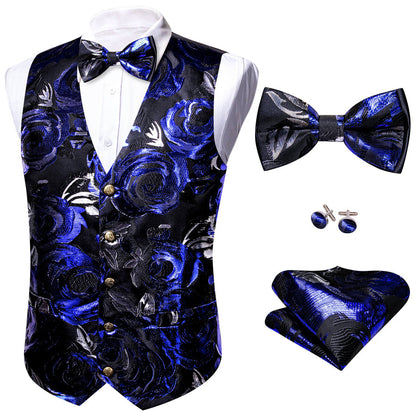 Black Dark Blue Novelty Silk Vest Set vest set    - Sophisticated Gentlemen