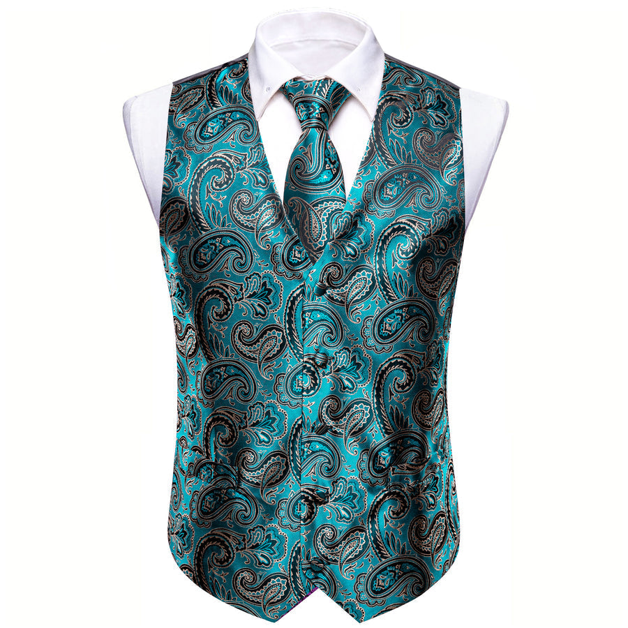 Green Black Paisley Jacquard Silk Vest Set vest set    - Sophisticated Gentlemen