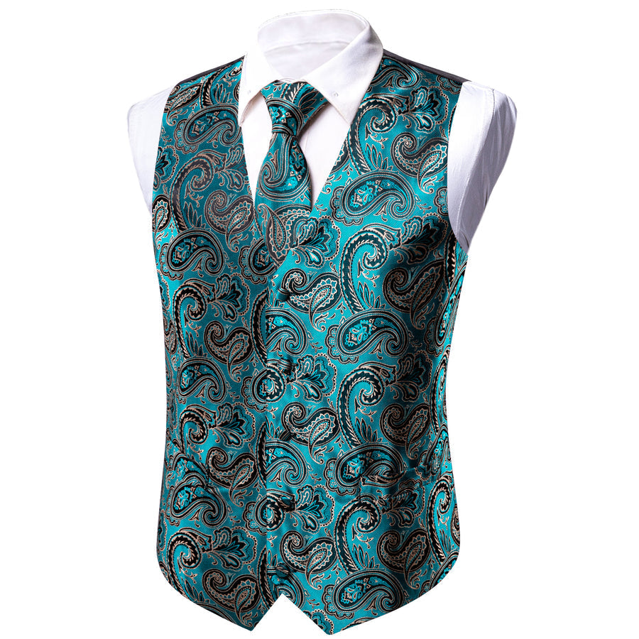 Green Black Paisley Jacquard Silk Vest Set vest set    - Sophisticated Gentlemen