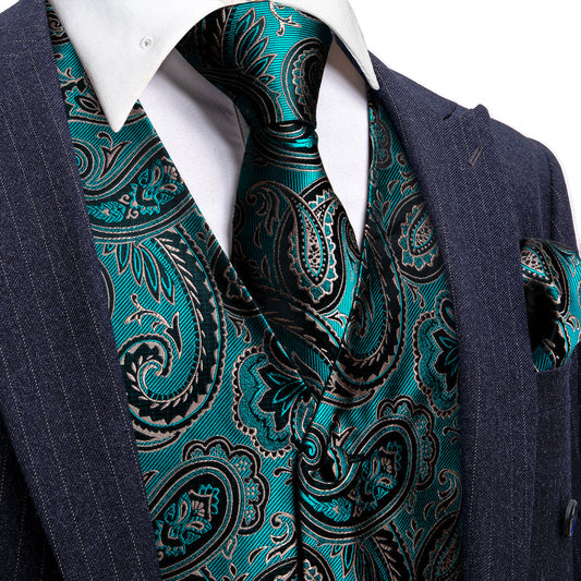 Green Black Paisley Jacquard Silk Vest Set vest set S (Chest 40")   - Sophisticated Gentlemen