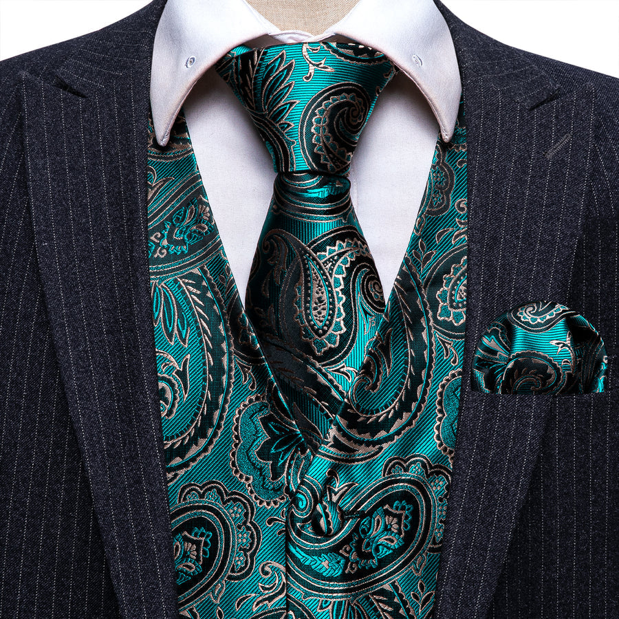 Green Black Paisley Jacquard Silk Vest Set vest set    - Sophisticated Gentlemen