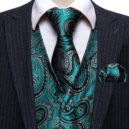 Green Black Paisley Jacquard Silk Vest Set vest set    - Sophisticated Gentlemen