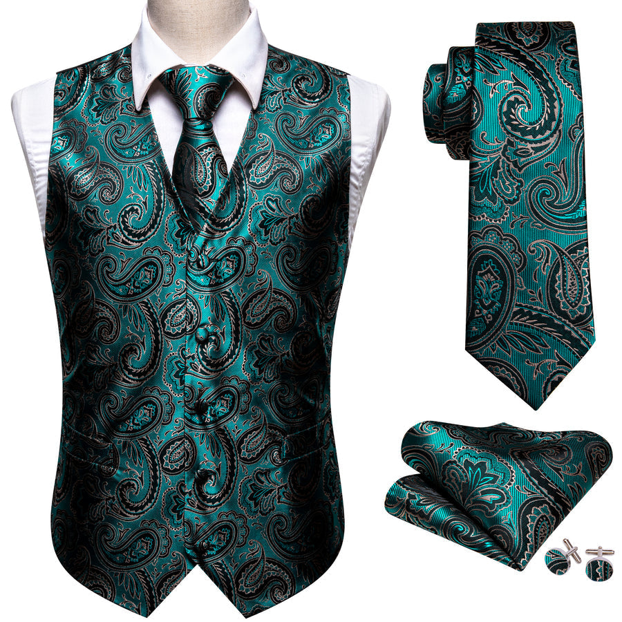 Green Black Paisley Jacquard Silk Vest Set vest set    - Sophisticated Gentlemen