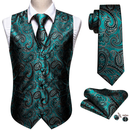 Green Black Paisley Jacquard Silk Vest Set vest set    - Sophisticated Gentlemen