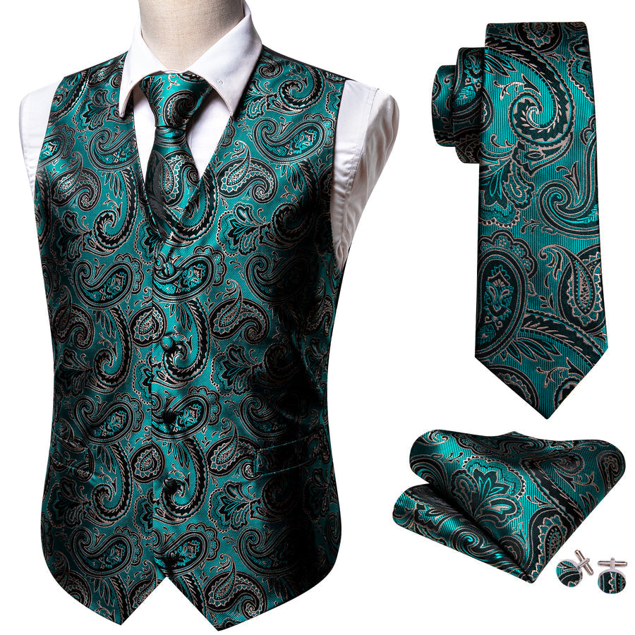 Green Black Paisley Jacquard Silk Vest Set vest set    - Sophisticated Gentlemen