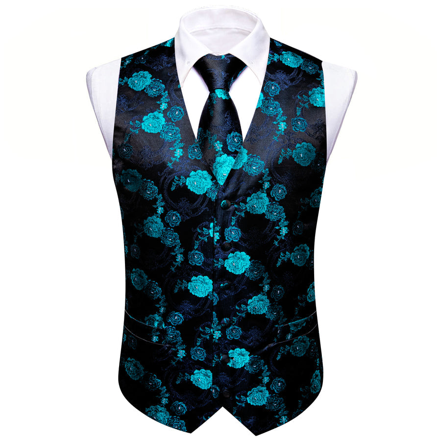 Black Blue Floral Jacquard Silk Vest Set vest set    - Sophisticated Gentlemen