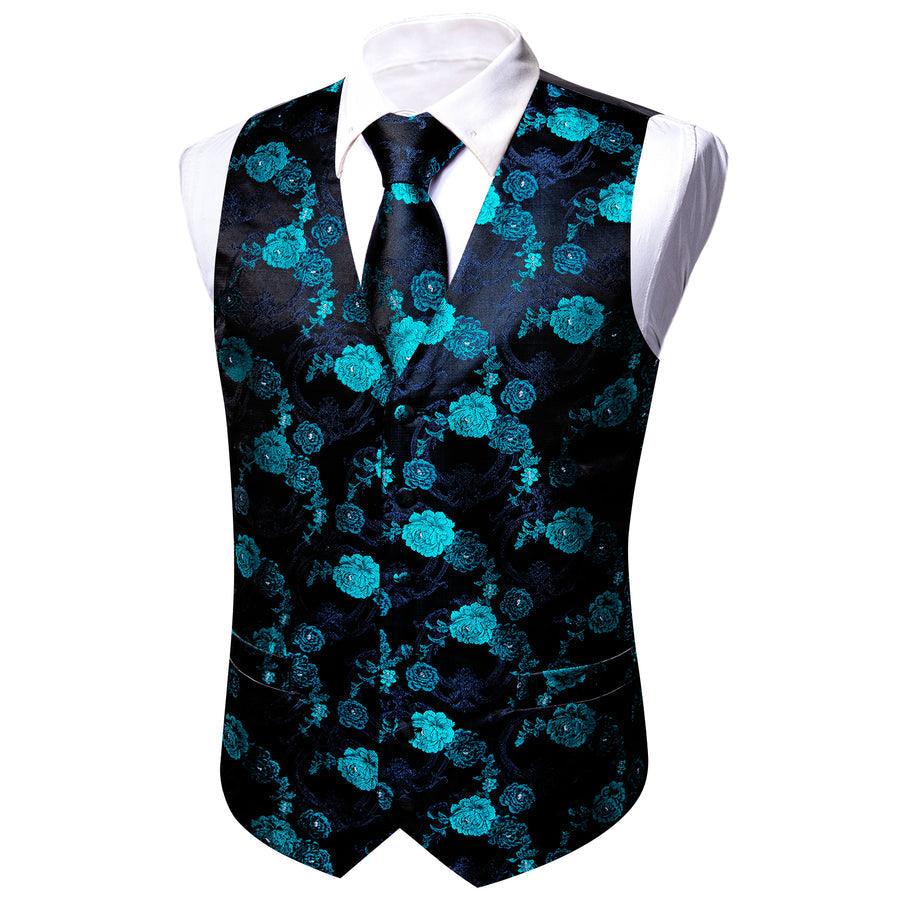 Black Blue Floral Jacquard Silk Vest Set vest set    - Sophisticated Gentlemen
