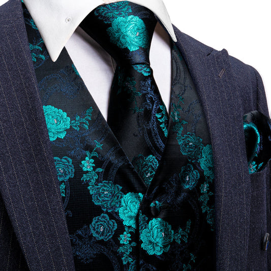 Black Blue Floral Jacquard Silk Vest Set vest set S (Chest 40")   - Sophisticated Gentlemen