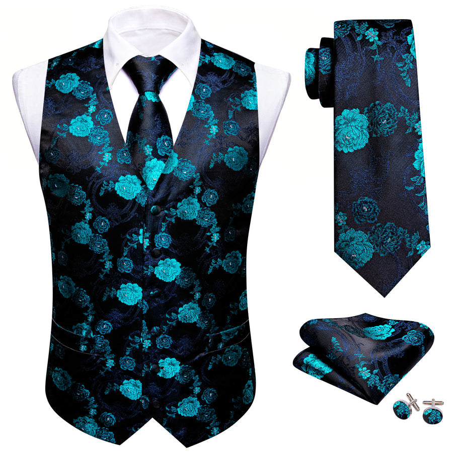 Black Blue Floral Jacquard Silk Vest Set vest set    - Sophisticated Gentlemen