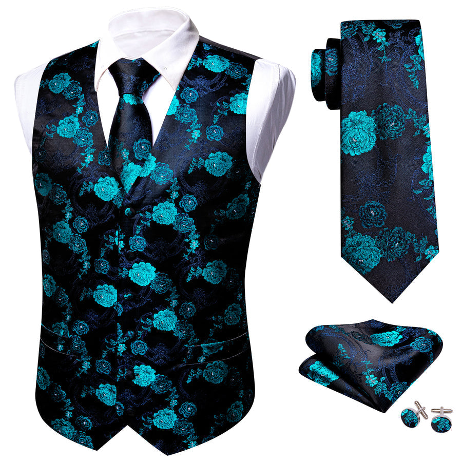 Black Blue Floral Jacquard Silk Vest Set vest set    - Sophisticated Gentlemen