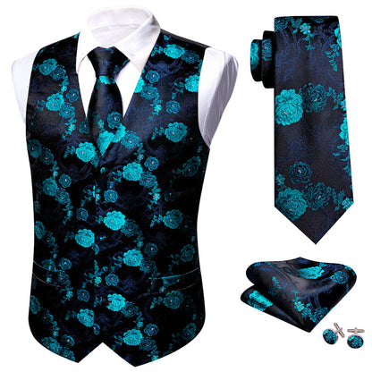 Black Blue Floral Jacquard Silk Vest Set vest set    - Sophisticated Gentlemen