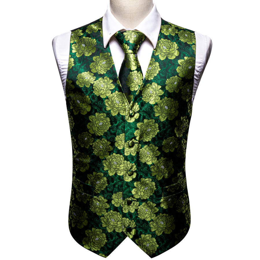 Dark Green Yellow Floral Jacquard Silk Vest Set vest set    - Sophisticated Gentlemen