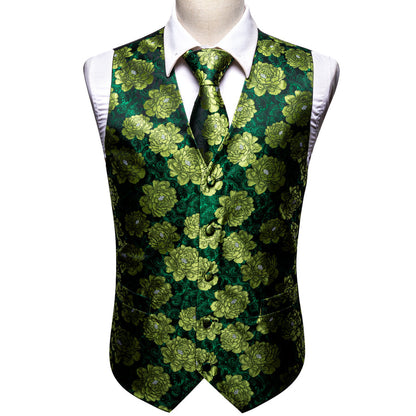 Dark Green Yellow Floral Jacquard Silk Vest Set vest set    - Sophisticated Gentlemen